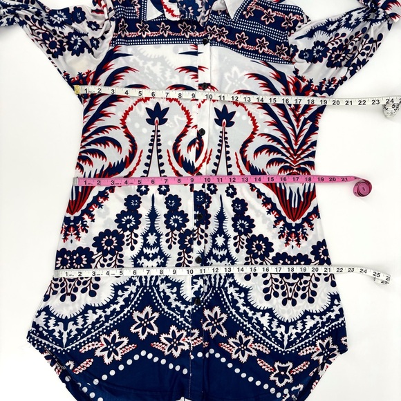 Reborn White, Red & Blue Abstract Paisley and Striped Buttoned Tunic Top, Medium - Picture 13 of 16